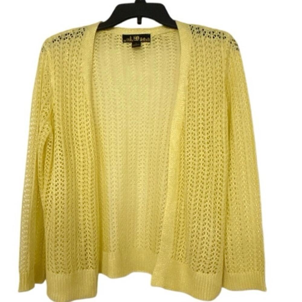 Yellow Shimmer Thread Open Knit Open Front  Cropped Cardigan Sweater Size Large